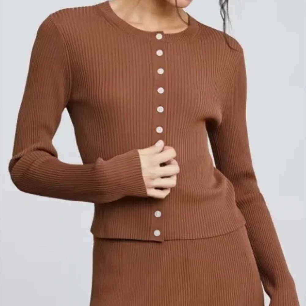 Everlane The Ribbed Cropped Cardigan in Cocoa Brown, Size XS